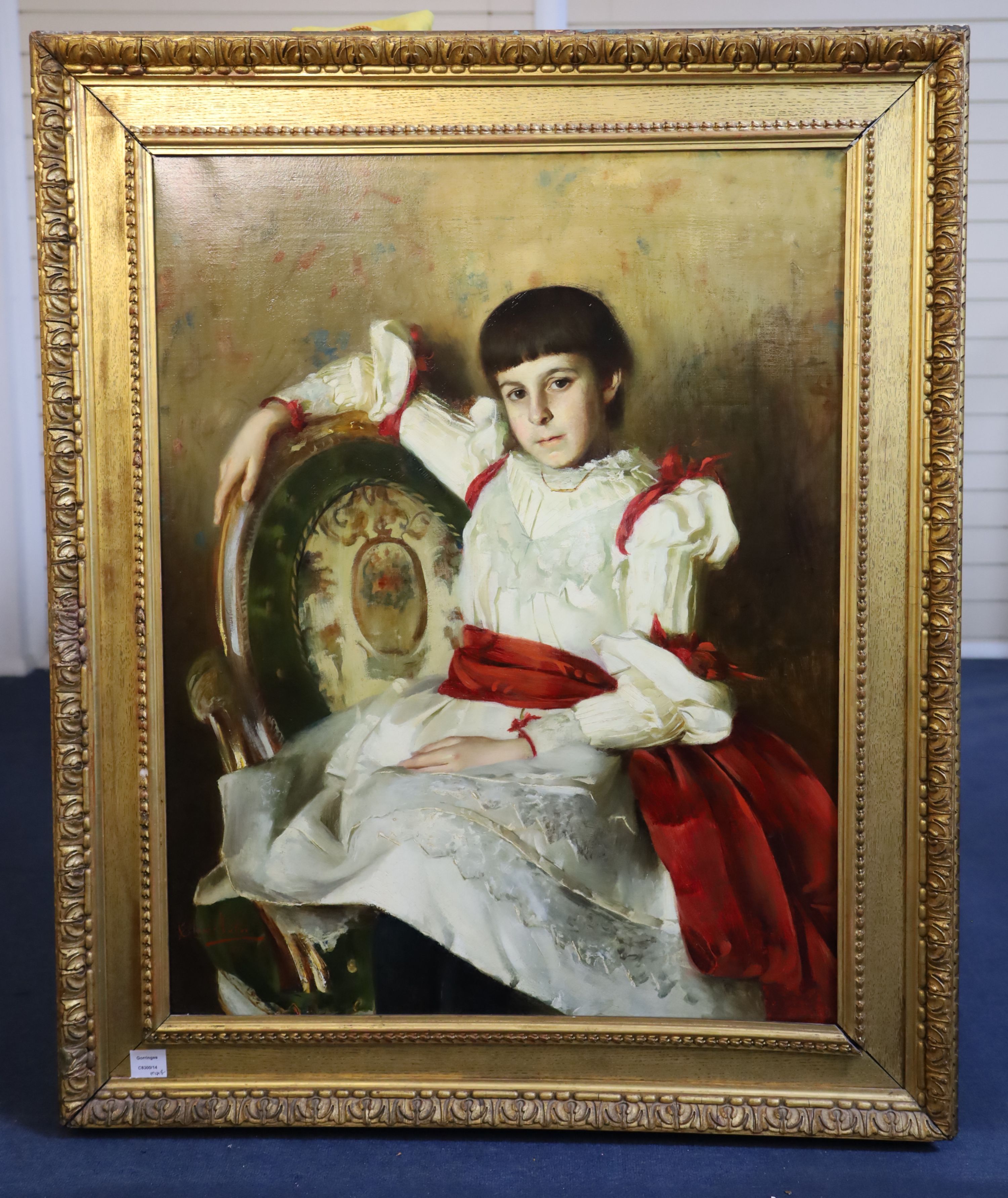 Clara Muller (19th C.), Portrait of a girl seated upon an armchair, oil on canvas, 73.5 x 94cm